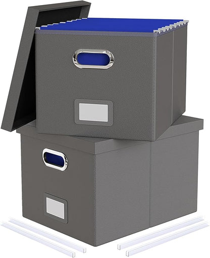 2 Pack File Storage Organizer, Portable File Box with Lid, Fit for Letter/Legal File Folder Storage, Gray(Leather)