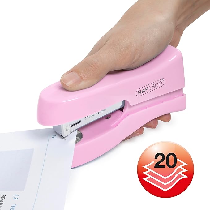 Rapesco 1378 Stand Up/Space-Saving Stapler, 20 Sheet Capacity, Candy Pink