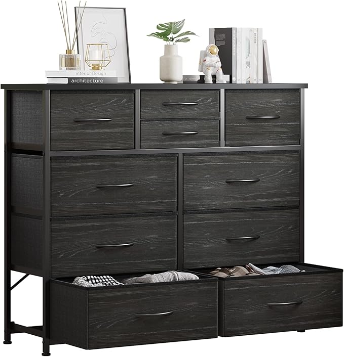 LUMTOK 10-Drawer Dresser, Fabric Dressers Drawers for Bedroom, Hallway, Nursery, Closets, Steel Frame, Wood Top, Easy Pull Handle (Black Wood Veins)
