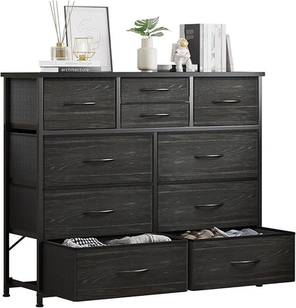 LUMTOK 10-Drawer Dresser, Fabric Dressers Drawers for Bedroom, Hallway, Nursery, Closets, Steel Frame, Wood Top, Easy Pull Handle (Black Wood Veins)