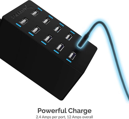 Sabrent 60 Watt (12 Amp) 10-Port [UL Certified] Family-Sized Desktop USB Rapid Charger. Smart USB Ports with Auto Detect Technology [Black] (AX-TPCS)