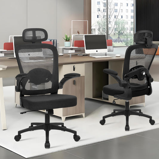 (12PK) Home Office Desk Chair with Flip Up Armrests, Mesh Back Chair with Adjustable Height Lumbar Support and Headrest, Ergonomic Computer Task Chair for School, Conference, Black