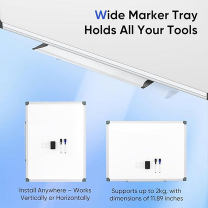 VUSIGN 24" x 18" Magnetic Whiteboard for Wall, Dry Erase Board with Silver Frame, Hanging White Board for Office, Home, School - Includes 1 Eraser, 2 Multicolor Markers & 4 Magnets