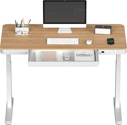 FLEXISPOT Electric Standing Desk with Drawer Storage Adjustable Height Quick Assembly Table w/USB Charge Ports, Child Lock （Natural Desktop + White Frame）