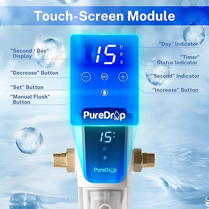 PureDrop PDR-ARB50WSP Spin Down Sediment Water Filter, Auto Flushing Module with Touch-Screen, Reusable Whole House Sediment Filter for Well Water w/Scraper, 50-Micron Prefilter Filtration System