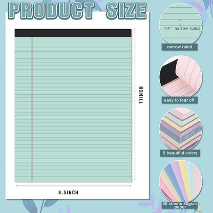 Fuutreo 8 Pcs 8.5'' x 11'' Colored Legal Pad Writing Pads Narrow Ruled 50 Sheets Per Notepad Perforated Writing Notepad Office Supplies for College Office Business (Childlike Color)