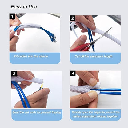 CrocSee 10ft - 1.25 inch Braided Cable Management Sleeve Cord Protector - Self-Wrapping Split Wire Loom for TV/Computer/Home Theater/Engine Bay - White