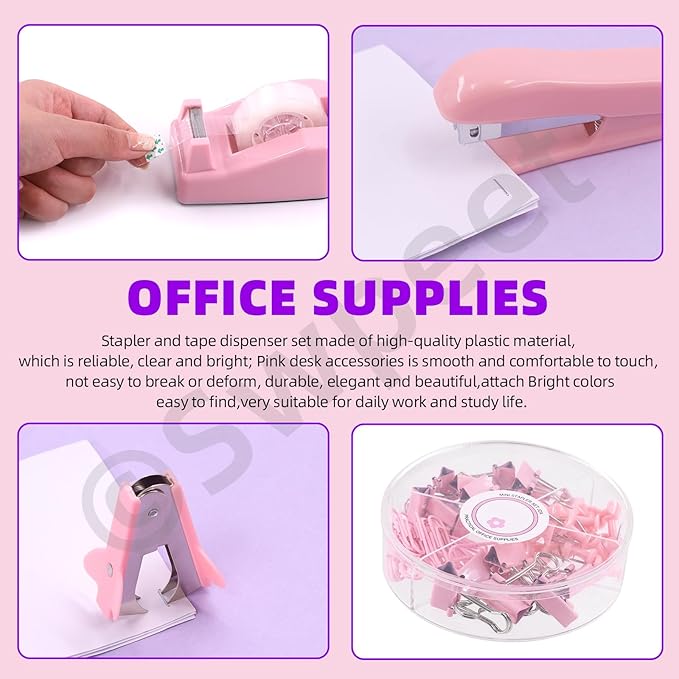 Swpeet 9Pcs Pink Office Supplies Kit, Desk Accessories Including Stapler, Tape Dispenser, Staple Remover, Tabs, Scissors, Staples, Tape, Clips and Sticky Note Ideal for Office and School