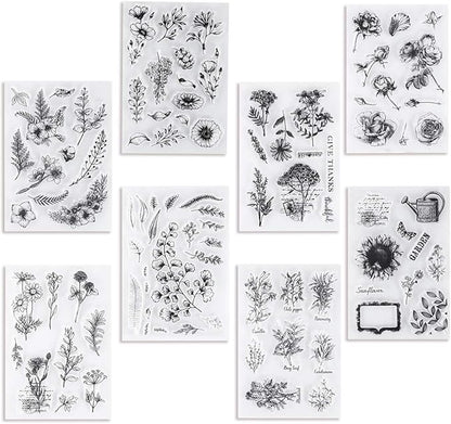 UCEC 8 Sheets Flower Clear Stamps for Card Making, Silicone Stamps for Crafting, Flower Stamp Clear Rubber Flowers Vintage Plants and Decoration and DIY Scrapbooking