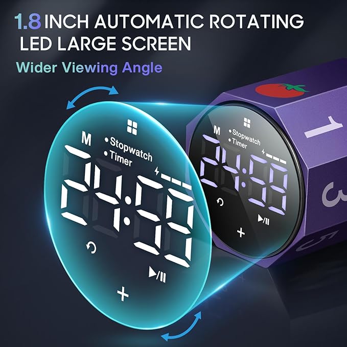 Digital Pomodoro Timer,Frosted Metal Productivity Cube Timer,1.8 in LED Digital Large Screen,Auto-Rotating Display,1/3/5/10/25/30/60min & Custom Time, Silent & Alarm,for Office, Study, Work(Purple)