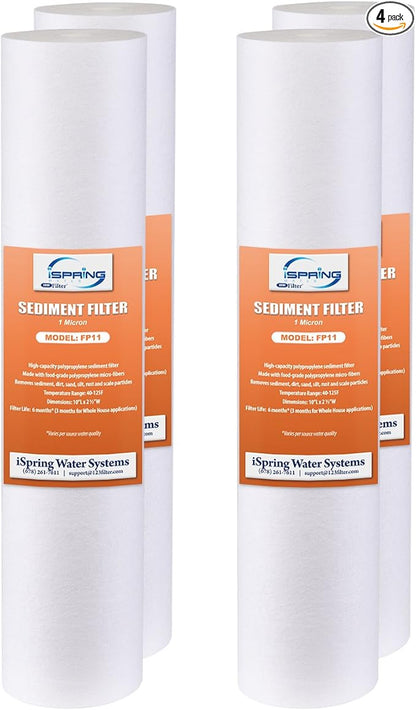 iSpring FP11X4 10"x2.5" Universal Sediment Water Filter Replacement Cartridges, 1 Micron Multi-layer Sediment Filter, 4 Pack