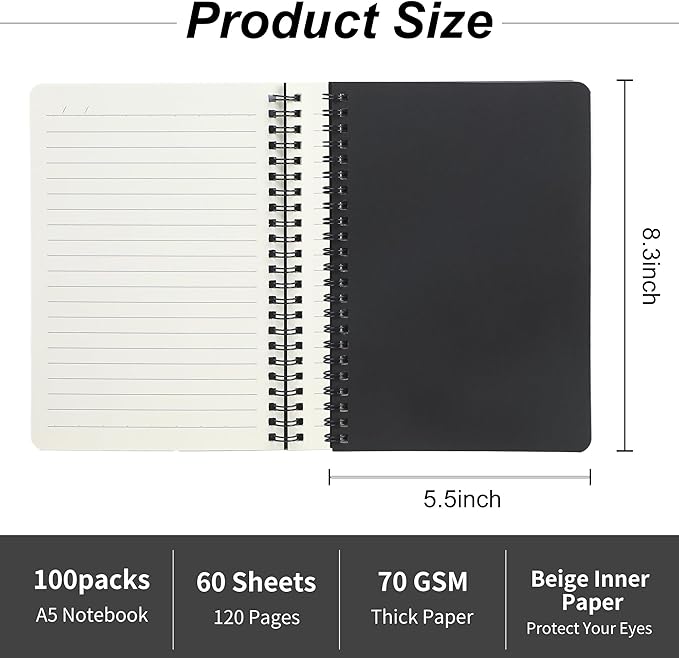 miikoul 100 Packs A5 Spiral Notebooks, Black Ruled Notebooks Bulk, 8.3"×5.5", 60 Sheets/120 Pages, Hardcover Lined Journal Notepad Travel Notebooks for Office and Back to School Supplies