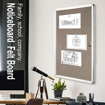 BIBOC Enclosed Felt Bulletin Board 36x24 inch Lockable Cork Noticeboard Display Cases Tamperproof Notice Poster Memo Board with Class Aluminum Frame (Felt, 24×36 inches)