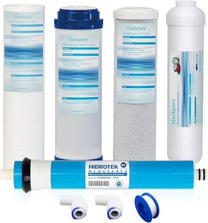 Geekpure 5 Stage Reverse Osmosis Replacement Filter Set with 50 GPD Membrane -Standard 10 Inch