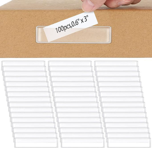 Jeyiour 100 Pcs Label Holders Adhesive Nameplate Pockets Storage Bin Labels Index Card Holder Shelf Plastic Peel Stick for Classroom Supermarket Bookshelf Library Student Box Drawer (3 x 0.6 Inch)
