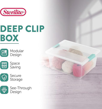 Sterilite 12-Pack Clip Box, Stackable Clear Plastic Bins with Latching Lids, Deep - Writing, Arts or Crafts Supplies Storage Containers for Home, Office, Classroom and Workshop Organization