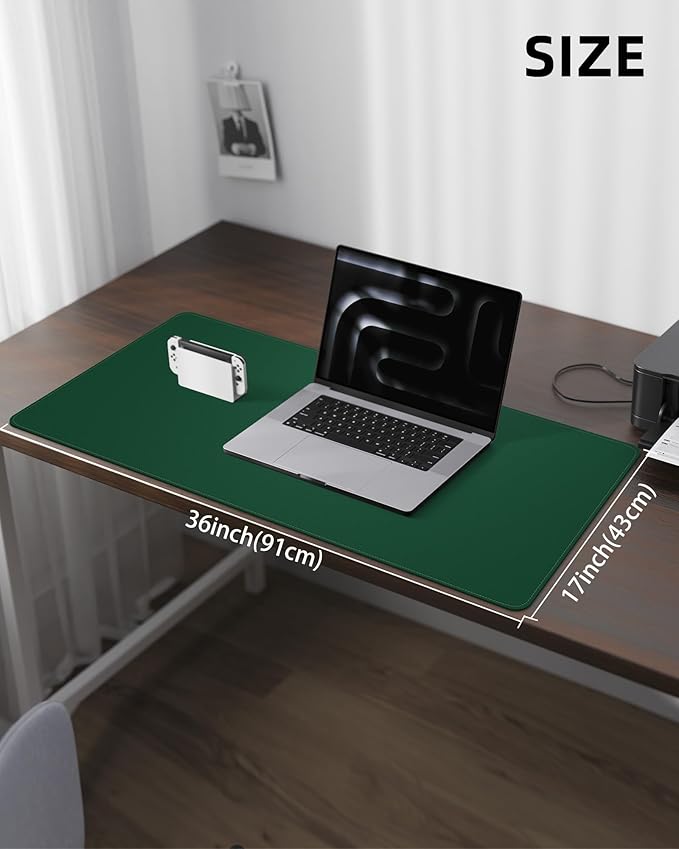 Leather Desk Pad Protector,Desk Mat,Large Mouse Pad, Non-Slip Desk Pad, Waterproof PU Leather Desk Blotter Mat, Desk Cover for Office and Home (Green, 36" x 17")