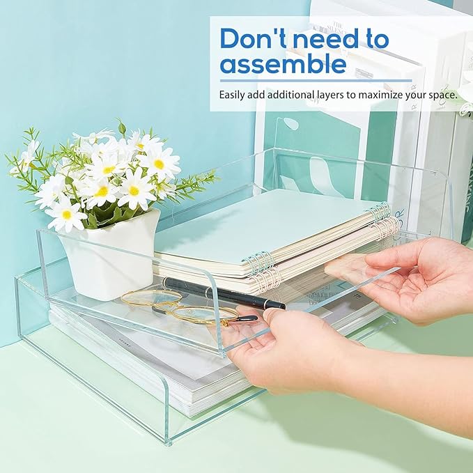 Harloon 4 Tier Acrylic Paper Tray Paper Organizer for Desk Clear File Organizer 12. 4 x 8. 7 x 2. 7 Inches File Tray for Office Workspace Desktop Storage, No Need to Assemble (Transparent)