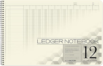 BookFactory Accounting Ledger Notebook/Large 12 Column Accounting Ledger Columnar (Twelve Columns) Log Book - 17'' x 11'', 100 Pages, Wire-O Landscape Format (Made in USA)