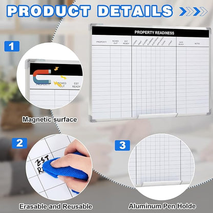 Lincia Property Readiness Dry Erase Whiteboard Magnetic Dry Erase Board with Lines Sliding Marker Tray Aluminum Frame White Board Planner for Wall Property Management Track Office Supplies(36" x 24")