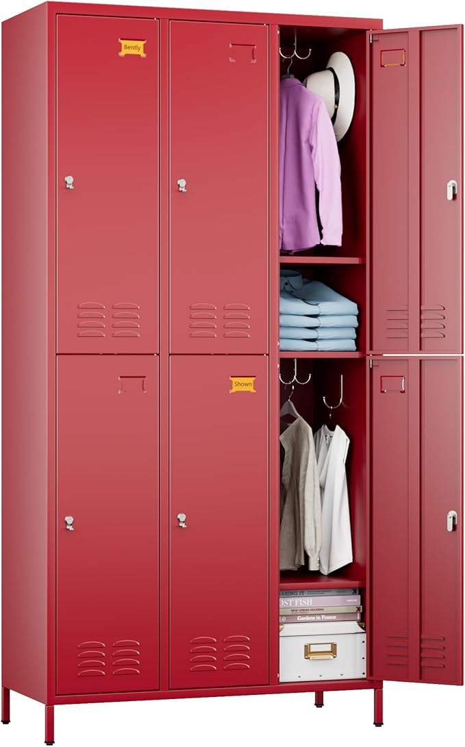 SUPEER 6 Doors Metal Locker Employee with Business Card Holder and 18 Hooks,Metal Locker for Employees with Ventilation Holes for Office Garage Gym Home,Assembly Required,Red