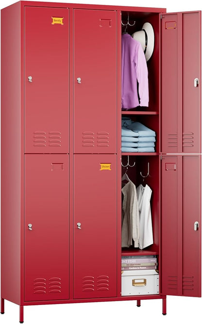 SUPEER 6 Doors Metal Locker Employee with Business Card Holder and 18 Hooks,Metal Locker for Employees with Ventilation Holes for Office Garage Gym Home,Assembly Required,Red