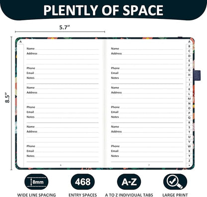 Comkiso Address Book with Individual Alphabetical Tabs Laminated, Large Print Address Book with 468 Wide Lining Entry Spaces, Change of Address Labels, Hardcover Address Book 5.7 x 8.5" - Floral