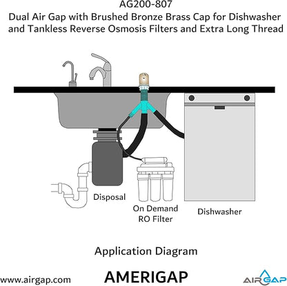 Dual Air Gap with Brushed Bronze Brass Cap for Dishwasher and Tankless Reverse Osmosis Filter and Extra Long Thread (AG200-807, AG200-X07, AMERIGAP)
