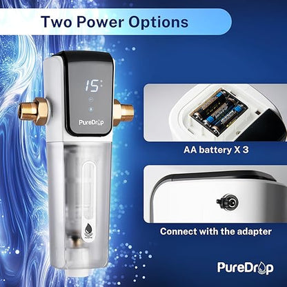 PureDrop PDR-ARB50WSP Spin Down Sediment Water Filter, Auto Flushing Module with Touch-Screen, Reusable Whole House Sediment Filter for Well Water w/Scraper, 50-Micron Prefilter Filtration System