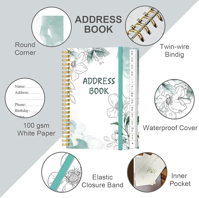 Address Book with Alphabetical Tabs - Small Address Book Spiral with Address Contacts, Special Date, Phone, Birthday & Internet Login Password for Home and Office, 4.3" x 6.2", Teal Flowers