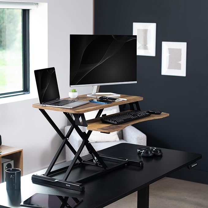 VIVO 32 inch Desk Converter, K Series, Height Adjustable Sit to Stand Riser, Dual Monitor and Laptop Workstation with Wide Keyboard Tray, Reclaimed Wood Top, Black Frame, DESK-V000KP