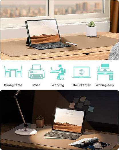 YSAGi Leather Desk Protector, Office Mat, Large Mouse Pad, Non-Slip PU Leather Blotter, Laptop Desk, Waterproof Writing Pad for Office and Home (Khaki, 35.4" x 17")
