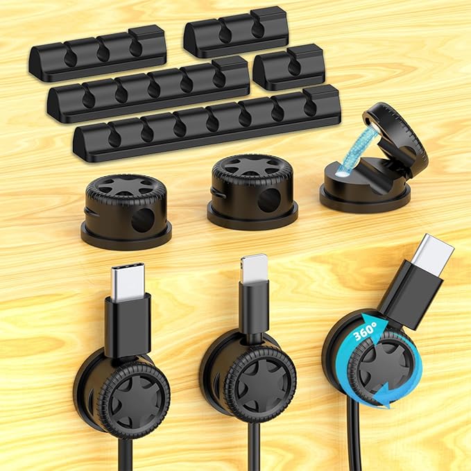 ITUGOU 11PCS Cable Management Cord Holder Organizer, Magnetic Cable Clips Adhesive Wire Keeper, Under Desk for Bedside Nightstand Table Desktop USB Wall Car Office Workspace Accessories (Black)