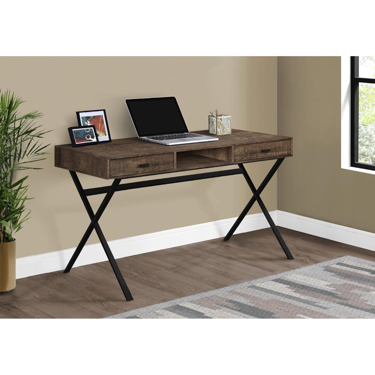 Hassyee Multi-use Rustic Computer Desk with X-Design Metal Base, Small Study Workstation with 2 Large Storage Drawers and 1 Open Concept Shelf, Easy Maintainable
