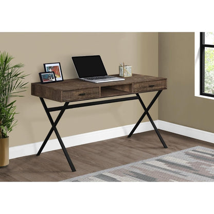 Hassyee Multi-use Rustic Computer Desk with X-Design Metal Base, Small Study Workstation with 2 Large Storage Drawers and 1 Open Concept Shelf, Easy Maintainable