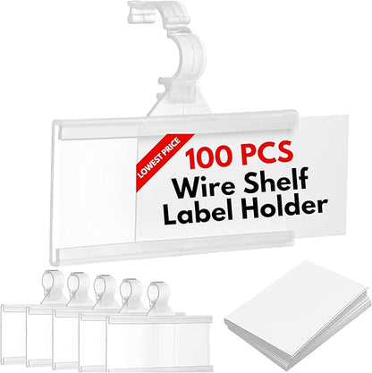 Plastic Wire Shelf Label Holder, Reusable Shelf Tags for Pantry Retail Store, Supermarket UPC Price Card & Ticket Display, Strong & Easy Clip Design Tight Snap Lock Closure. 1-1/4" H X 3" W (100)