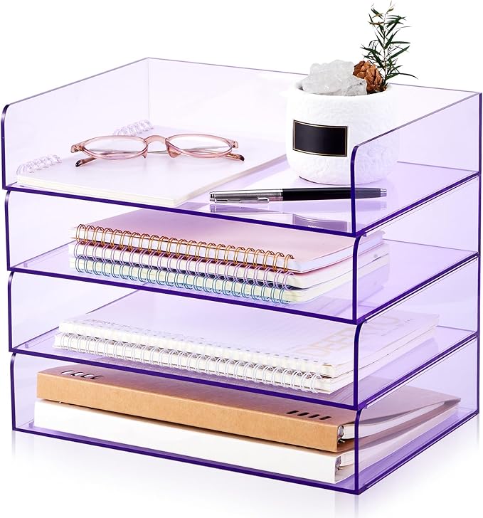 Harloon 4 Tier Acrylic Paper Tray 12.4 x 8.7 x 2.7 Inches Stackable Letter Clear Organizer No Need to Assemble Acrylic Paper File Organizer for Office Workspace Desktop Storage (Transparent Purple)