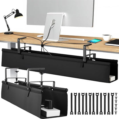 Desk Cable Management Tray, Fabric Cable Organizer, No Drill Large Clamp/Screw Mount Wire Organizer-Support Up to 30lbs, Standing Desk Cable Management for Office Home (Black,36 Inch)