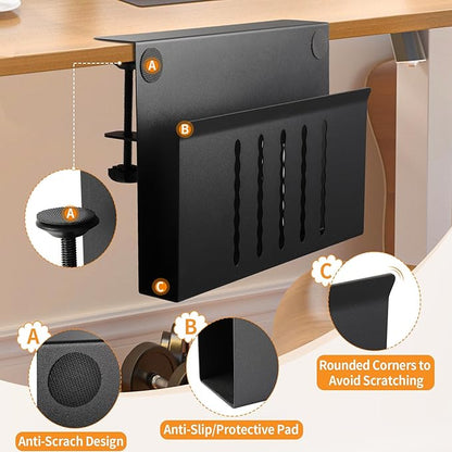 Henitol Desk Side Storage with Pen Holder, No Drill Hanging Desk Organizer Under Desk Storage Mount, Clamp-On Laptop Holder Table Side Tray Desktop Organization for Office and Home (Black)