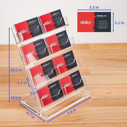 NIUBEE Acrylic Business Card Holder 8 Slots - Double Capacity Business Card Stand for Desk, 4 Tier Clear Gift Card Display for Office, Event, Exhibition