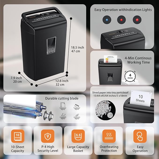Bonsaii 10-Sheet Cross-Cut Paper Shredder for Home Office, 4-Min Runtime, 5.5-Gallon Bin with Viewing Window & Handle, Shreds Credit Cards, Staples, Quiet, Overheat Protection – Black