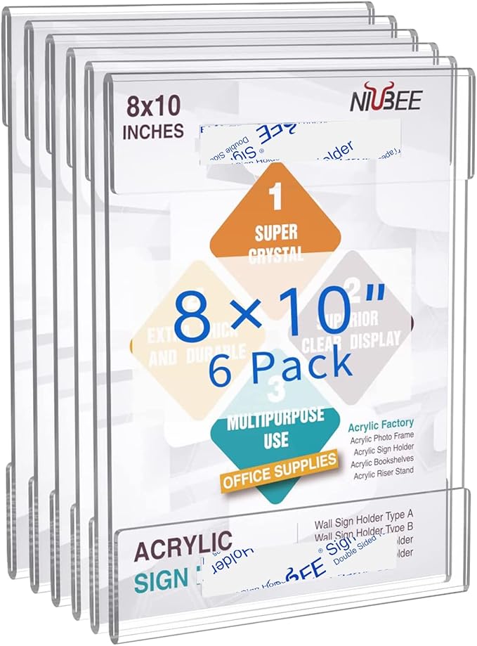 Niubee 8x10 Wall Mount Acrylic Sign Holder with Double Sided Adhesive Tape for Office, Home, Store, Restaurant, No Drilling - Vertical