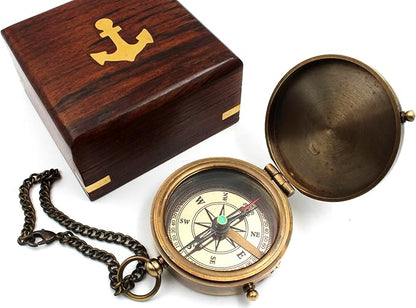US HANDICRAFTS Listen to Your Heart Engraved Brass Compass | Portable Sentimental Son Birthday, Graduation, Confirmation Gift | Pocket Compass with Wooden Case with Case