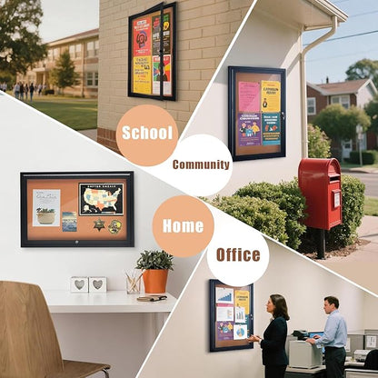 Homezelle Enclosed Cork Bulletin Board 36"x24" Outdoor Weatherproof Cork Noticeboard with Locking Door Wall-Mounted Black Aluminium Frame for Home, School, Office, Community, Hospital