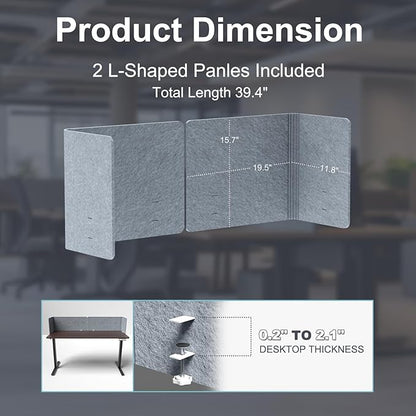 ERGO COLLECT Desk Privacy Panel,2PCS L-Shaped Clamp-On Office Desk Divider,2-in-1 Adjustable Acoustic Desktop Partition Or Under Desk Modesty Screen,for Office,Home,Felt (Grey, 39.4" x 15.7")