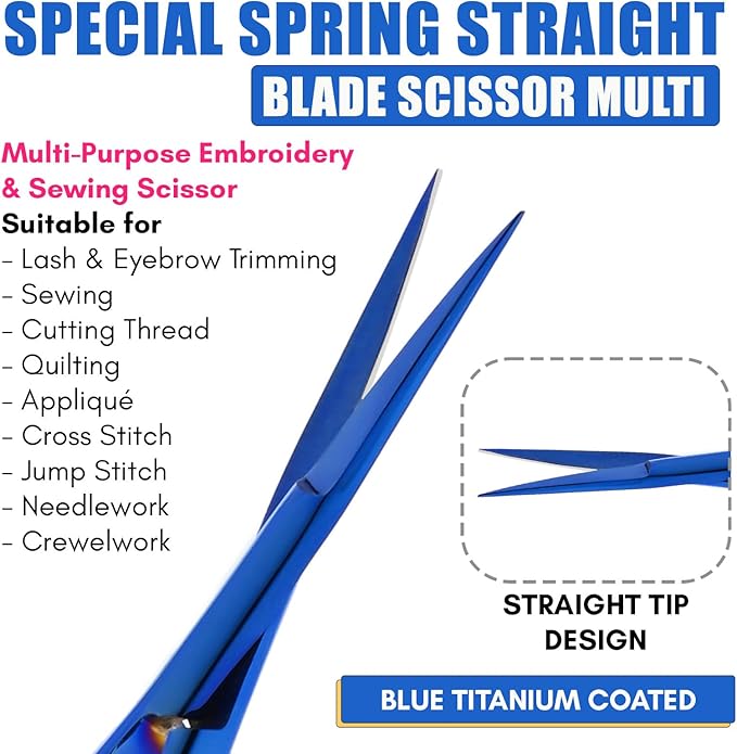 Cross Edge Spring Scissors 5 Inch straight Stainless Steel Precision Eyebrow & Eyelash Shaping & Trimming Scissor, Snips Squeeze, Embroidery & Knitting Micro Tip Craft (Blue)
