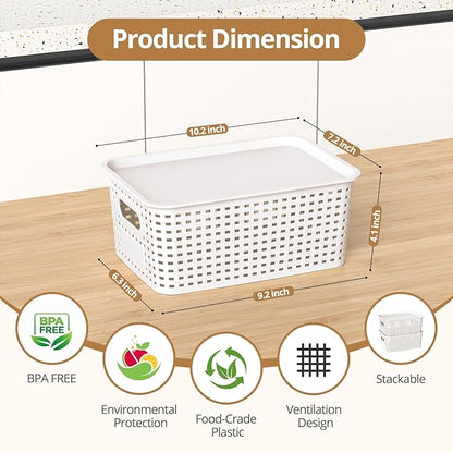 ZFTMRR Plastic Storage Basket with Lid, Stackable Small Box Bins for Organizing and Containers for Shelves Drawers Desktop Closet Playroom Pantry Classroom Office Home, 8 Pack 10.2x7.2x4.1 Inch, White