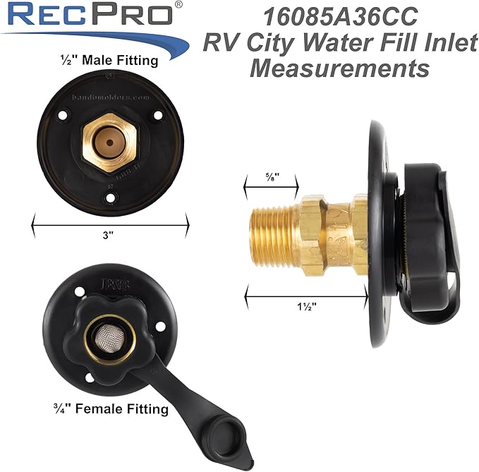 RecPro RV City Water Fill Inlet | Black | Optional Hose Elbow | Flange Brass with Check Valve | Camper | Trailer | Marine (No Hose Elbow) | Made in America