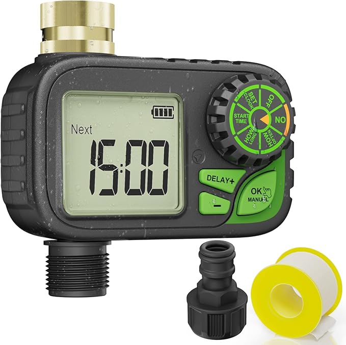 Sprinkler Timer Water Hose Timer - Programmable Digital Irrigation Outdoor Waterproof with Rain Delay, Manual, Automatic Watering System for Yard, Lawn, and Garden Hose Brass Inlet 1 Outlet