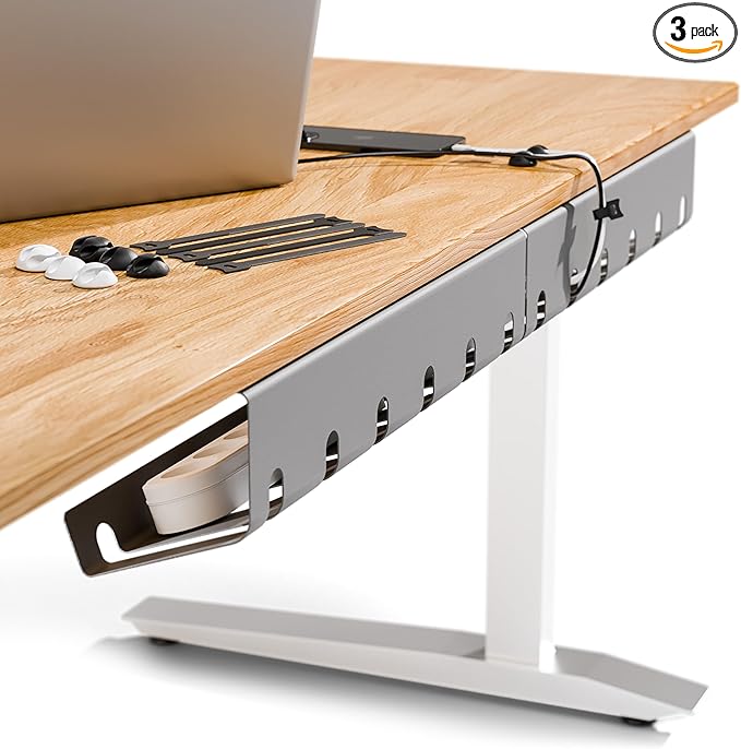 PAMO Cable Management Under Desk for Easy mounting Under-Table I Set of 3 - with 10X Cable Ties I Desk Organizer for Office/Home Office Table Thoughtful Cable Tray Holder